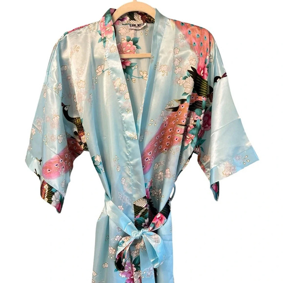 Vintage Sam Well Japanese Satin Floral Crane Kimono Robe Blue Pink One Size - Picture 2 of 4